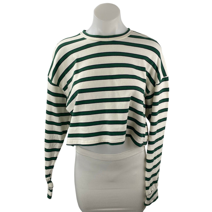 All The Ways Women's Green White Striped Long Sleeve Boxy T Shirt Tee Top Size S
