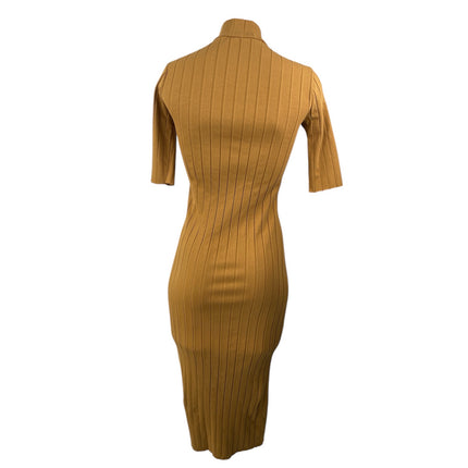 Zara Brown Ribbed Knit Mock Neck Short Sleeve Midi Bodycon Sweater Dress Size M
