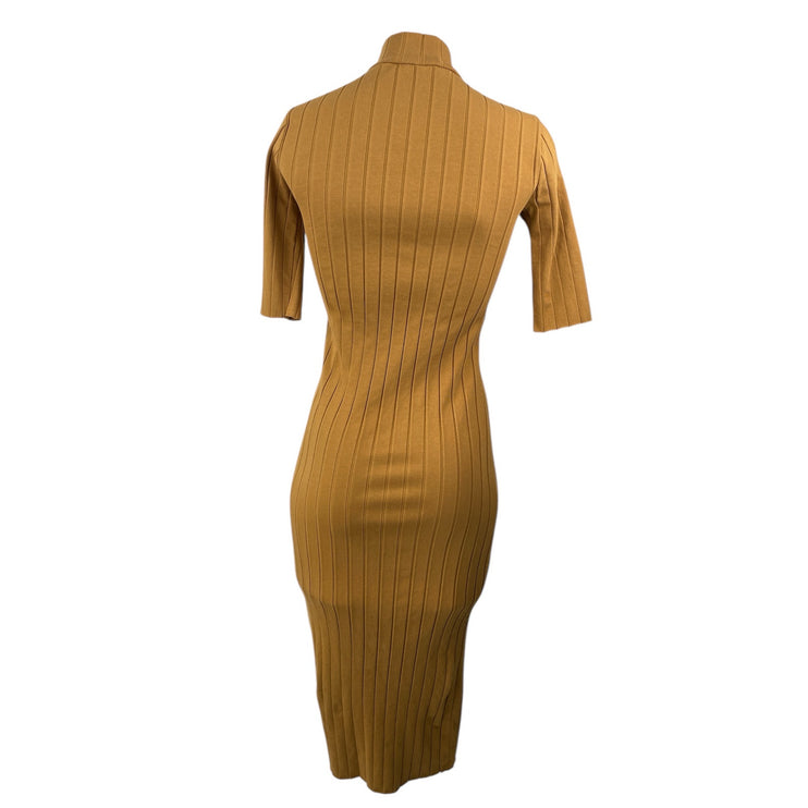 Zara Brown Ribbed Knit Mock Neck Short Sleeve Midi Bodycon Sweater Dress Size M