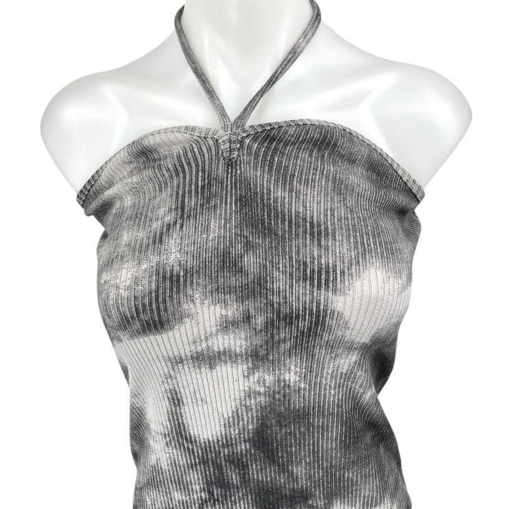 Zara Black White Tie Dye Halter Sleeveless Ribbed Knit Midi Bodycon Dress Size S