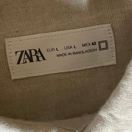 Zara Men's Beige Linen Collared Long Sleeve Chest Pocket Button Down Shirt Top L