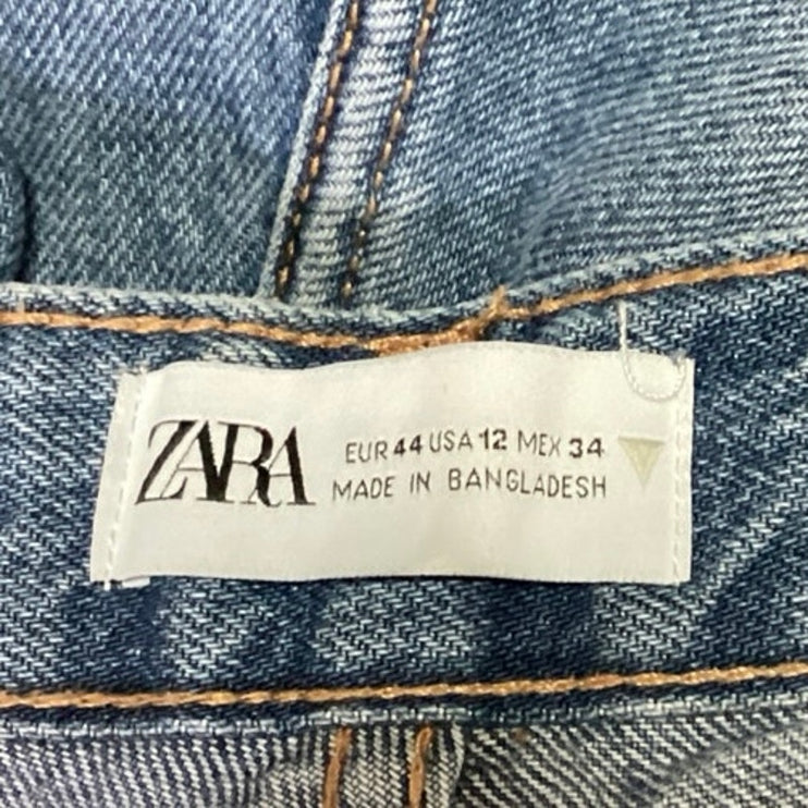 Zara Women's Blue Medium Wash Denim Wide Leg High Waist Frayed Hem Jeans Sz 12