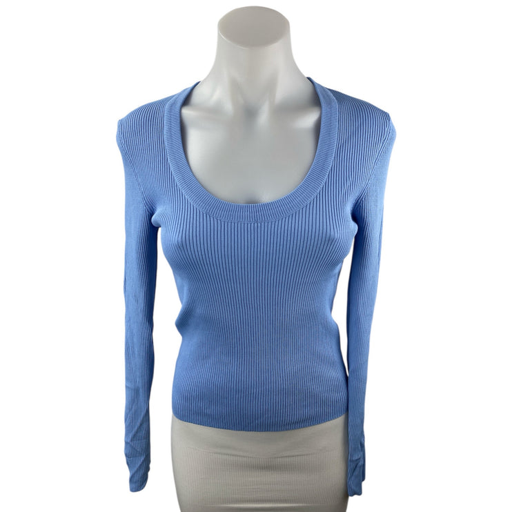Zara Women's Blue Ribbed Knit Scoop Neck Long Sleeve Slim Fit  Sweater Top Sz L