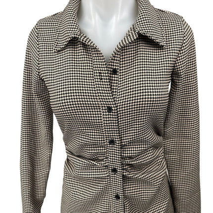 Zara Black Tan Houndstooth Ruched Long Sleeve Collar Button Mini Shirt Dress S