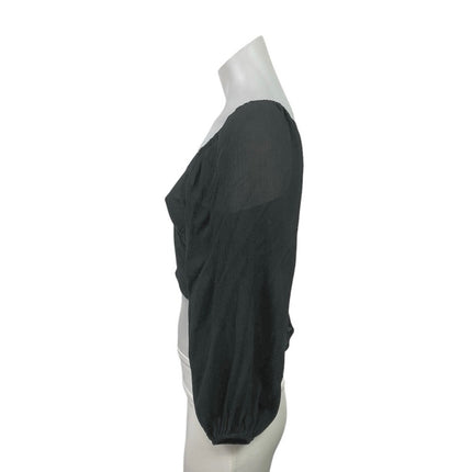 Audrey 3+1 Women's Black Long Puff Sleeve V Neck Tie Wrap Blouse Crop Top Size S