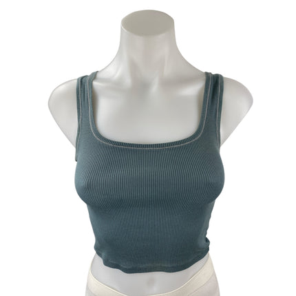 Skims Women's Green Ribbed Knit Square Neck Sleeveless Tank Crop Top Size S