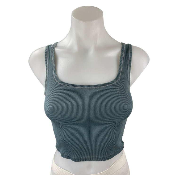 Skims Women's Green Ribbed Knit Square Neck Sleeveless Tank Crop Top Size S
