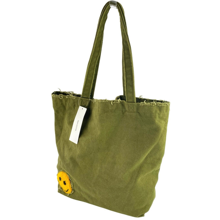 NEW Urban Outfitters Women's Army Green Smiley Patch Distressed Canvas Tote Bag