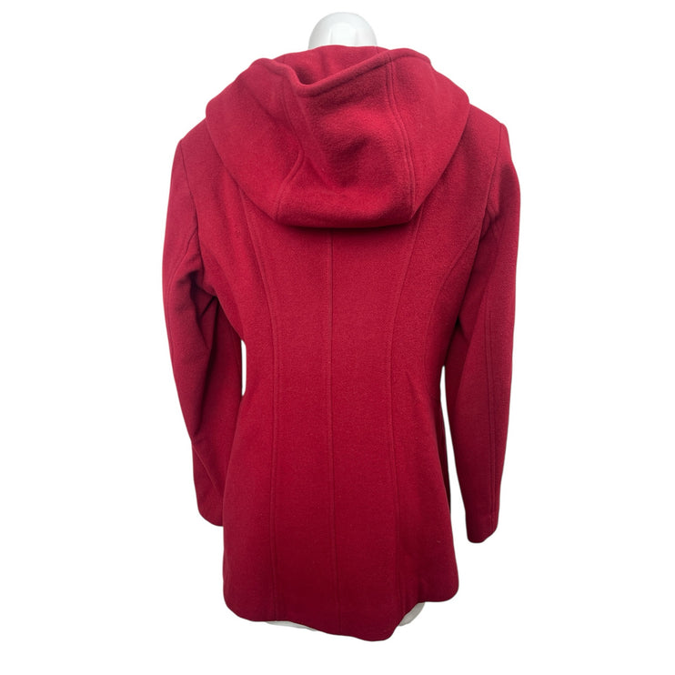 Anne Klein Women's Red Wool  Double Breated Hooded Long Sleeve Pea Coat Jacket S