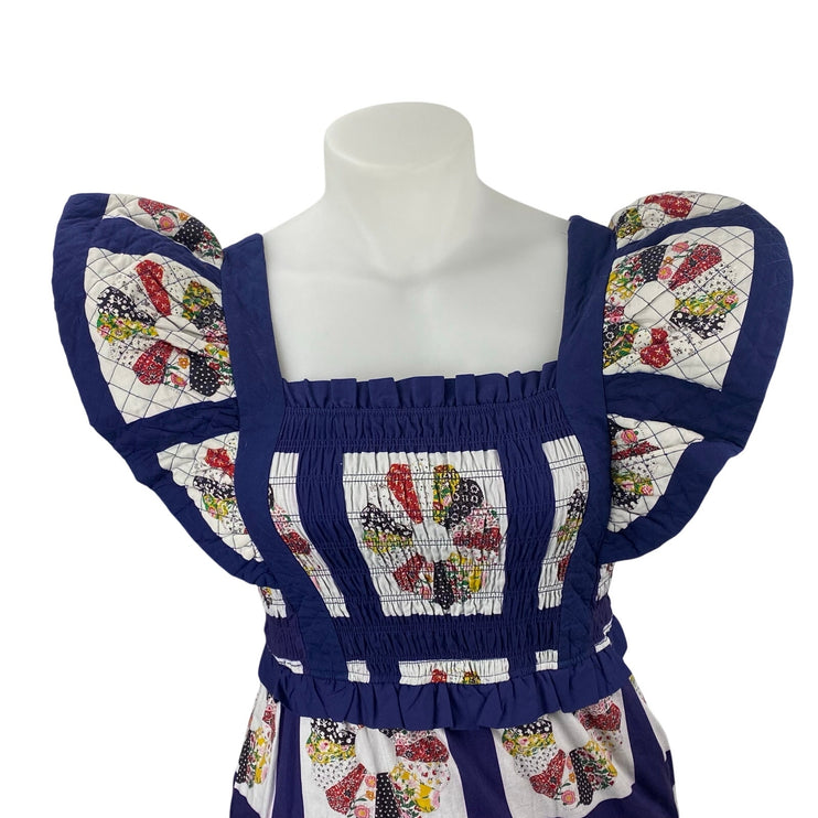 Sea Pippin Blue Floral Patchwork Ruffle Smocked Apron A Line Maxi Dress Size 6