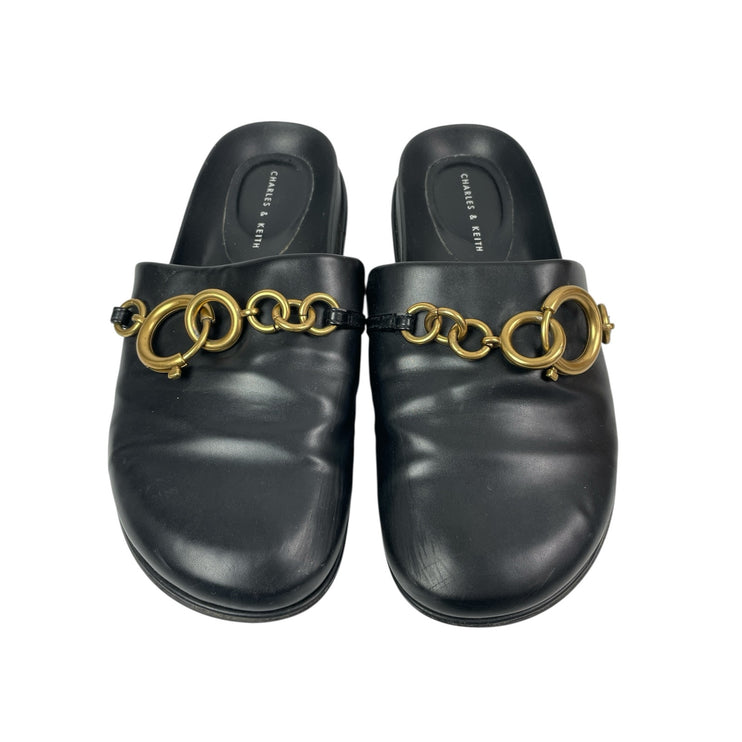 Charles & Keith Black Gold Chain Accent Slip On Round Toe Flats Mules 37 US 7