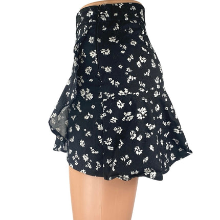Zara Women's Black Floral Ruffle Faux Wrap Zipper Mini A-Line Flared Skirt Sz XS