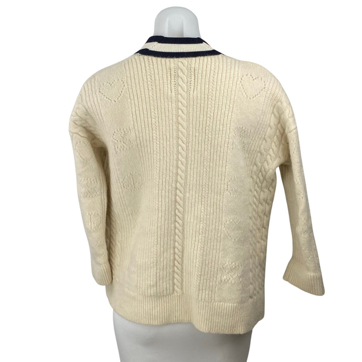 Sandro Womens Cream Black Cable Knit Wool Gold Chain Cardigan Sweater Top Size 0