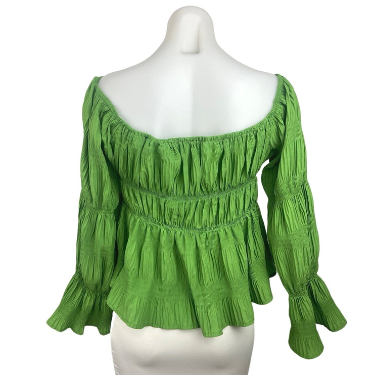 Shein Green Pleated Lace Up Long Sleeve Smocked Tiered Boat Neck Blouse Top Sz L