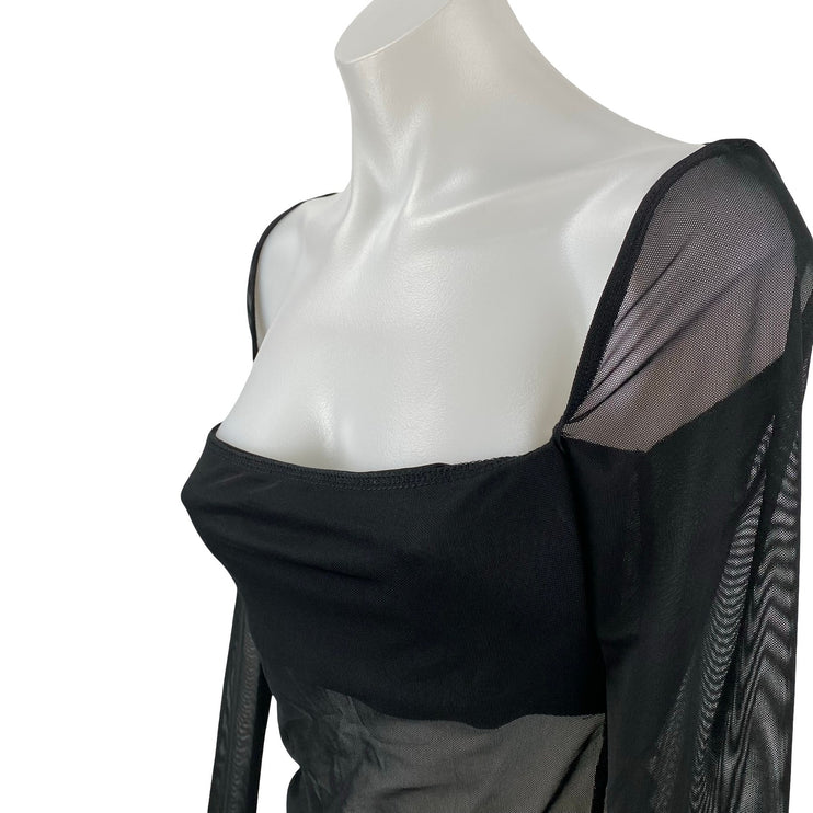 Edikted Women Black Mesh Sheer Bandeau Square Neck Long Sleeve Blouse Top Size S