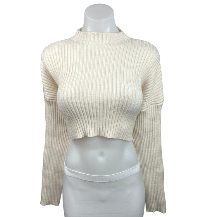 Zara Cream Ribbed Knit Mock Neck Drop Shoulder Cropped Sweater Top Size S