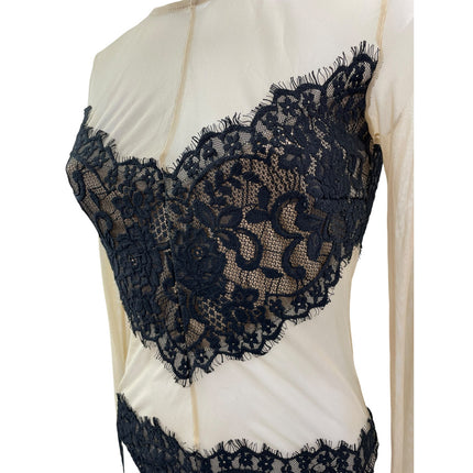 Forever 21 Nude Mesh Sheer Floral Lace Crew  Neck Long Sleeve Bodysuit Top S/M