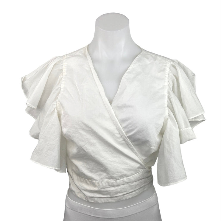 Zara White Cotton V Neck Flutter Sleeve Ruffle Crop Wrap Blouse Top Size L