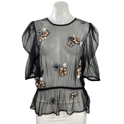 By Anthropologie Black Floral Embellished Sequin Sheer Mesh Peplum Crop Top Sz L