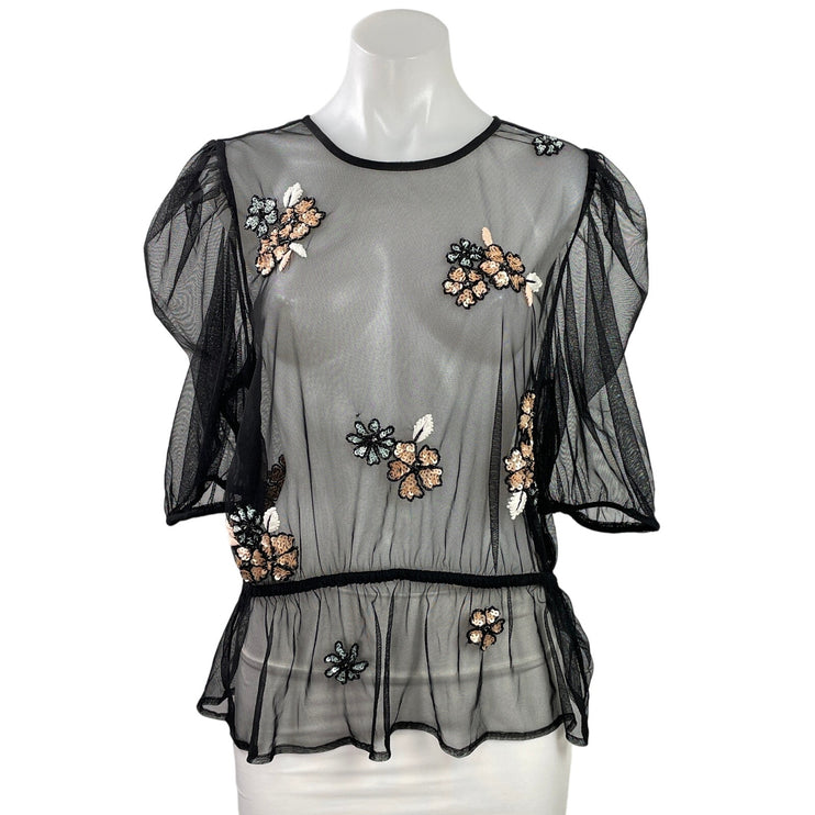 By Anthropologie Black Floral Embellished Sequin Sheer Mesh Peplum Crop Top Sz L