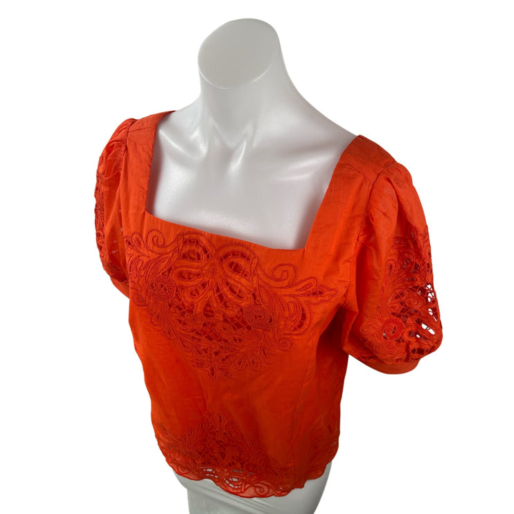 Anthropologie Women's Coral Lace Embroidered Short Puff Sleeve Blouse Top Size S