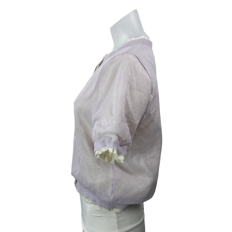 Zara Lilac Purple Linen Crew Neck Short Sleeve Button Down Cardigan Sweater S