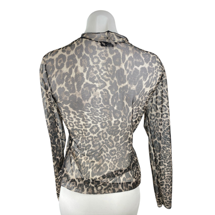 Boohoo Women's Beige Leopard Mesh Sheer Mock Neck Long Sleeve Blouse Top Size M