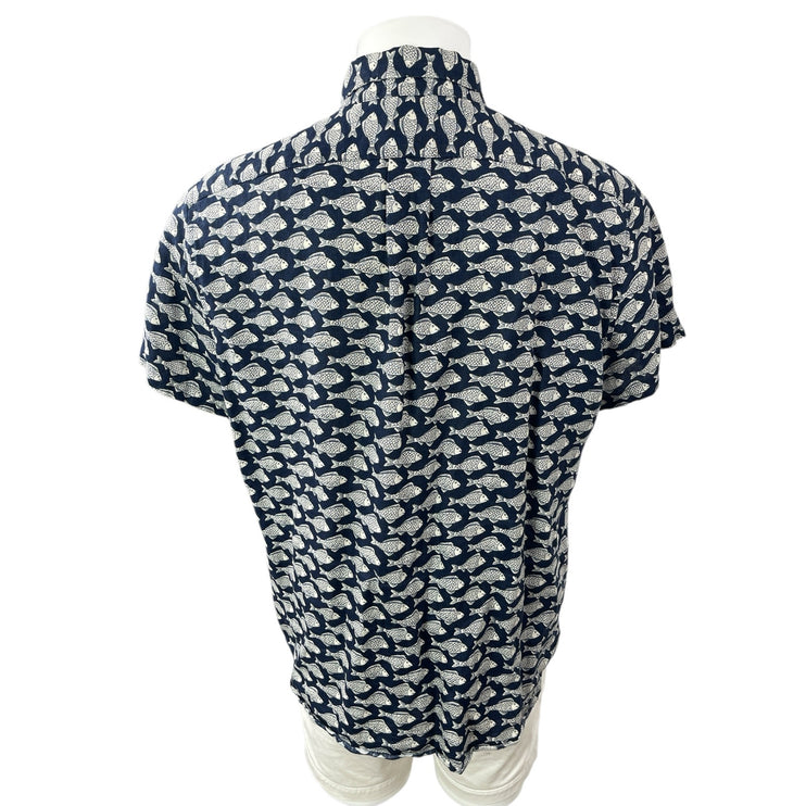 J.Crew 100% Linen Navy Fish Print Collared Short Sleeve Button Up Shirt Top XL