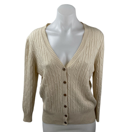 J.Crew Cream Wool Cable Knit V Neck Long Sleeve Button Cardigan Sweater Top Sz M