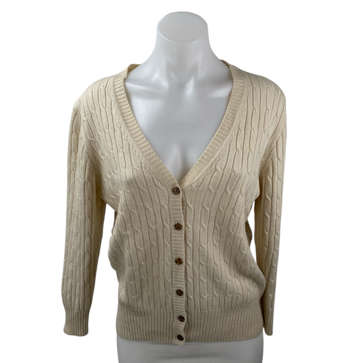 J.Crew Cream Wool Cable Knit V Neck Long Sleeve Button Cardigan Sweater Top Sz M