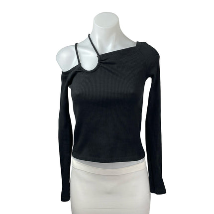Oak + Fort Women's Black Ribbed Off Shoulder Long Sleeve Crop Tee T-Shirt Top XS
