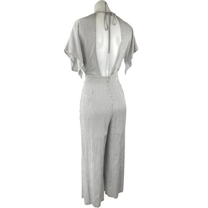 Skylar + Madison White Black Striped Short Sleeve Plunging Wide Leg Jumpsuit M
