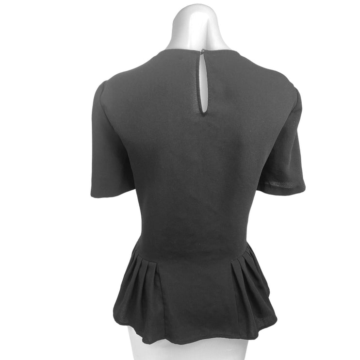 Zara Black Crew Neck Short Sleeve Keyhole Back Peplum Blouse Top Size S