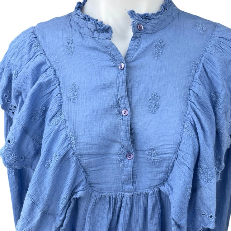 Zara Blue Eyelet Embroidered Ruffle Frill Peplum Long Sleeve Blouse Shirt Top M