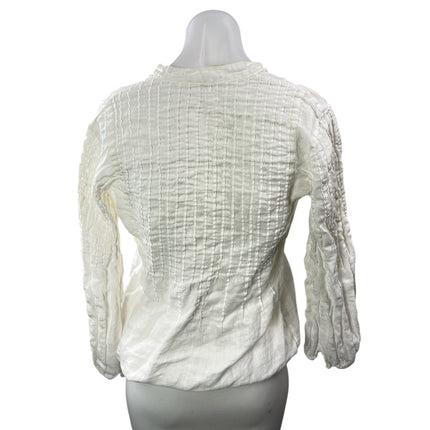 120% Lino Women's White Linen Crinkled V Neck Long Sleeve Tunic Blouse Top S/M