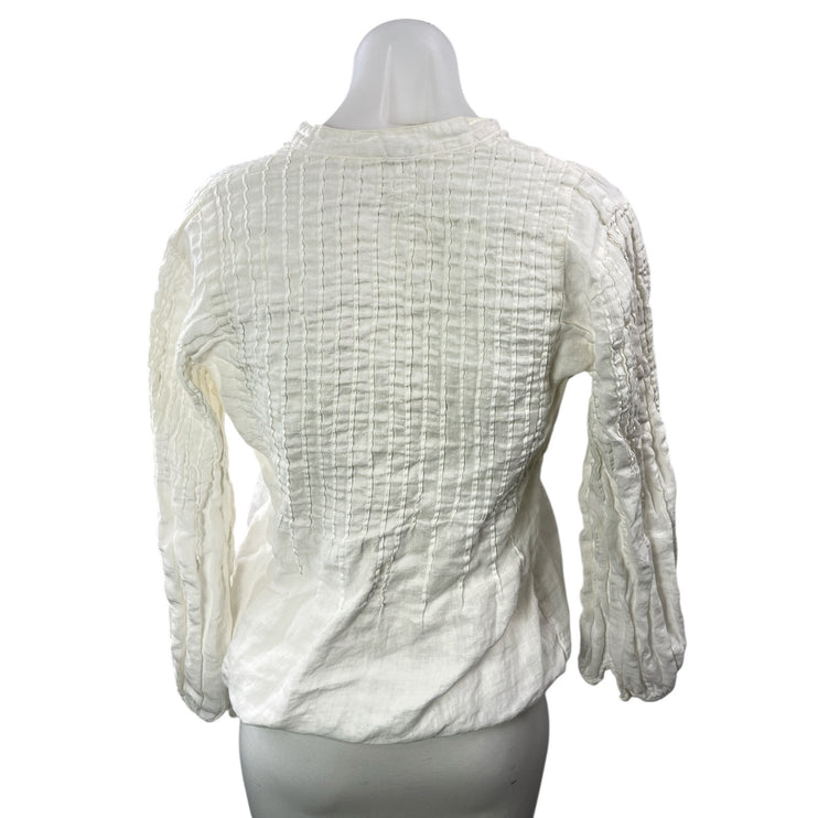 120% Lino Women's White Linen Crinkled V Neck Long Sleeve Tunic Blouse Top S/M