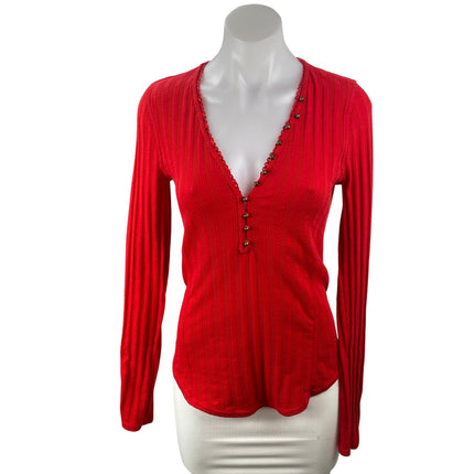 Free People We The Free Red Ribbed Knit Long Sleeve Henley V Neck Blouse Top M