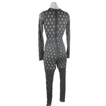 Women's Black Eyelet Stretch Long Sleeve Crew Neck Fitted Skinny Jumpsuit Size S
