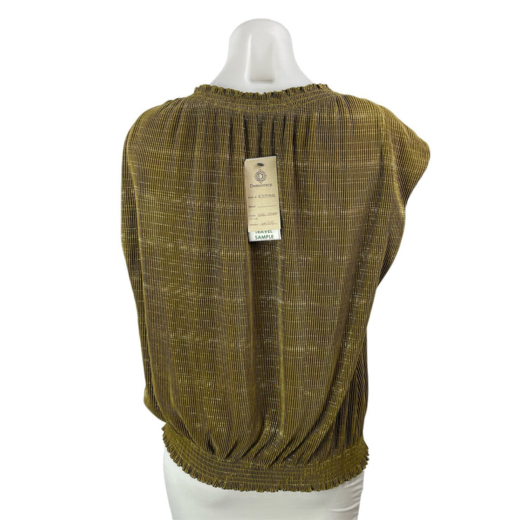 NEW Democracy Olive Green Short Cap Sleeve Ruffle Pleated Blouse Top Size M