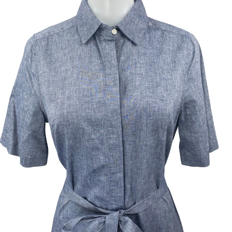 TROVATA Birds of Paradis Blue Linen Short Sleeve Belted Button Up Shirt Dress XS