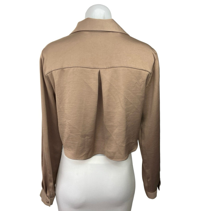 Zara Beige Satin Long Cuffed Sleeve Lapel Collar Button Up Cropped Shirt Top S