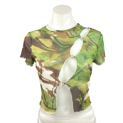 Shein Green Camouflage Cut-Out Distressed Crewneck Short Sleeve Crop Top Size 6