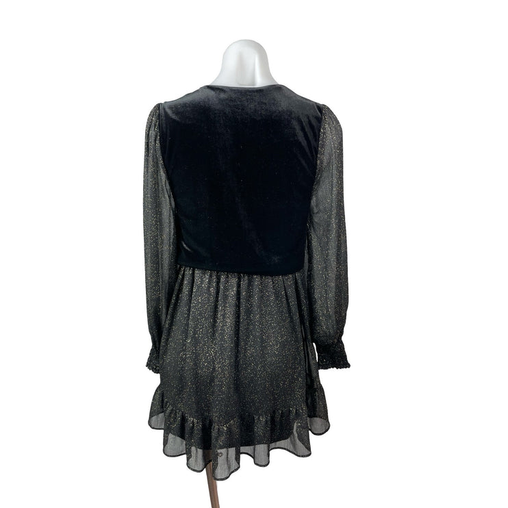 Zara Black Velvet Velour Mesh Sheer Glitter Long Sleeve A Line Mini Dress Sz XS