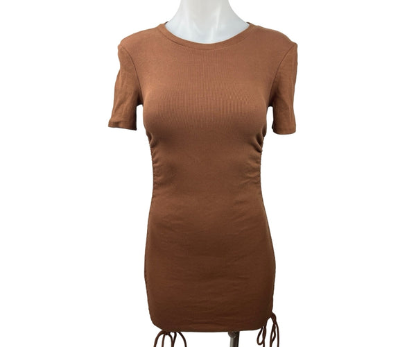 Zara Brown Ribbed Knit Short Sleeve Side Ruched Tie Mini Bodycon Dress   Brie