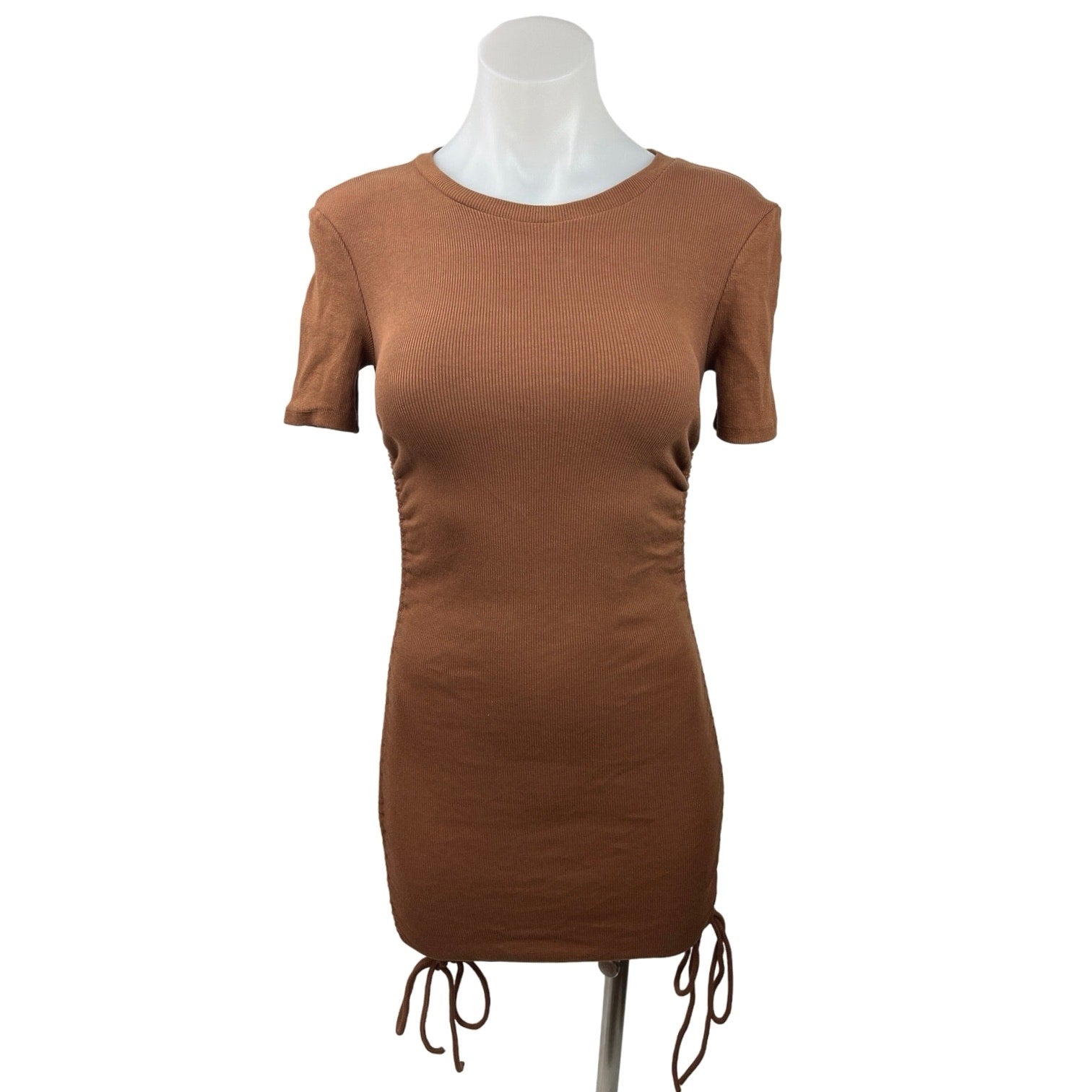 Zara Brown Ribbed Knit Short Sleeve Side Ruched Tie Mini Bodycon Dress Brie Zara Brown Ribbed Knit Short Sleeve Side Ruched Tie Mini Bodycon Dress Brie