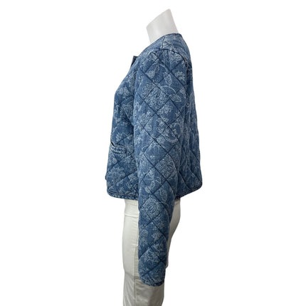 Rachel Zoe Womens Blue Long Sleeves Floral Print Quilted Denim Jeans Jacket Sz M