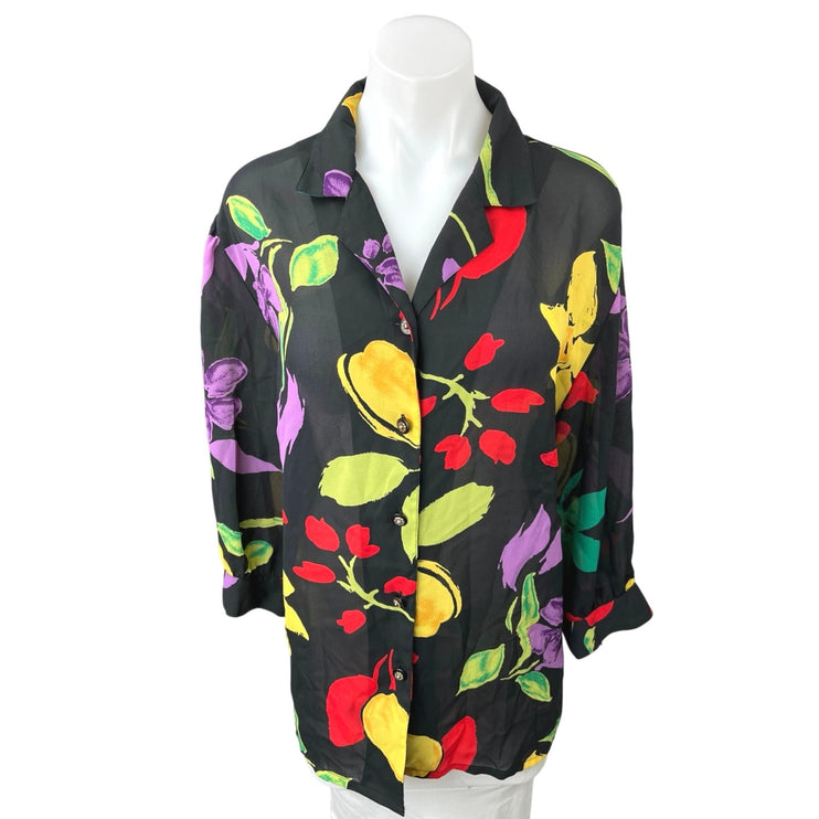 Chris B Black Multicolor Floral Retro Long Sleeve Button Down Shirt Top Size L