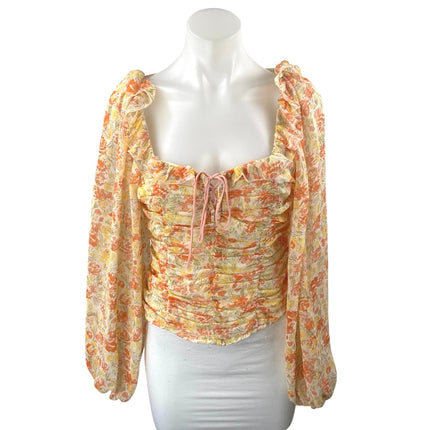 Free People Mabel Orange Floral Ruffle Ruched Cutout Long Sleeve Blouse Top XS