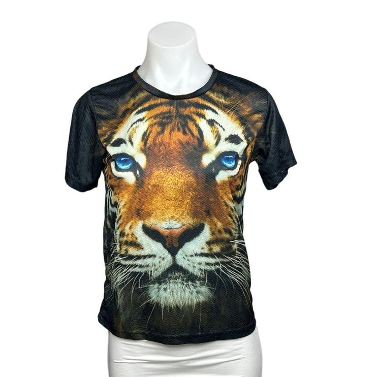 Women’s Tiger Graphic Multicolor Mesh Short Sleeve Pullover T-Shirt Top Size XS