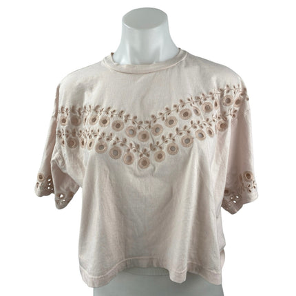 Topshop Pink Floral Embroidered Eyelet Boho Loose Boxy T Shirt Tee Top Size 4/6